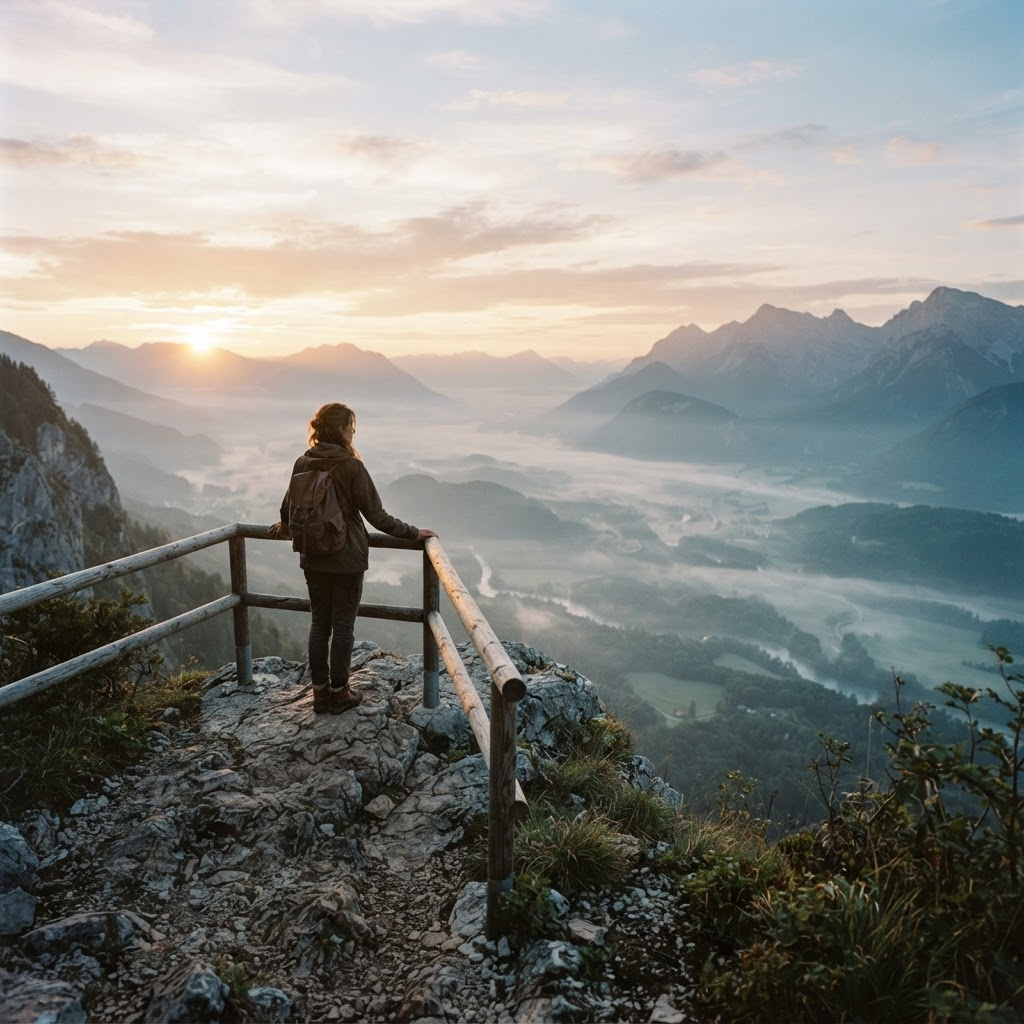 Traveler overlooking a misty valley at sunrise